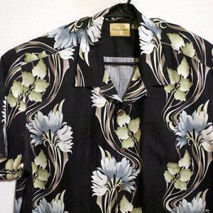 Tommy Bahama Shirt Mens XL Short Sleeve Button Silk Black White Tropical Plants
